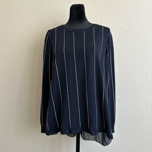 WOMENS SANDRO Paris.   Merino Wool . BLUE/WHITE V-BACK LONG SLEEVE KNIT TOP SZ M